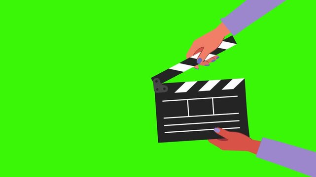Hands using movie clapperboard animation on green screen. 4K Video