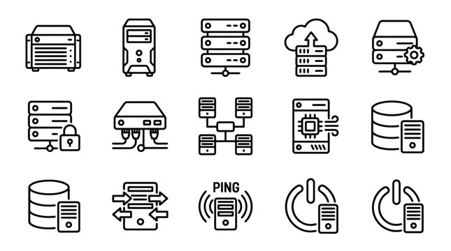 Dynamic Black and White Icons Set Featuring Modern Data Storage Networking and Server Concepts with high quality professional line art symbols for modern creative design and digital branding projects