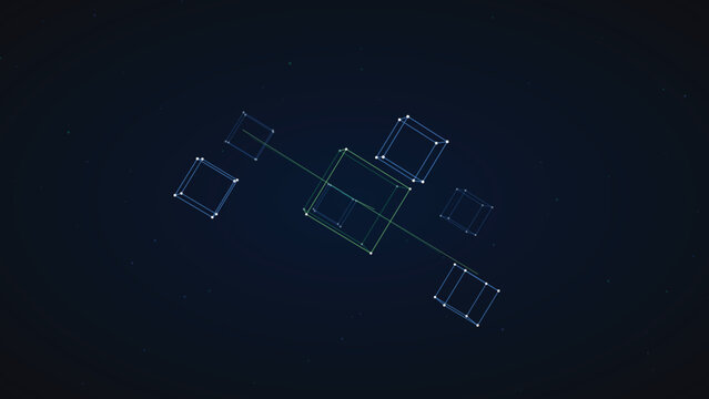 Dynamic digital structure featuring a central geometric form linked to smaller floating wireframe objects tonight