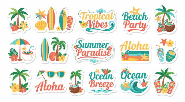 Summer beach stickers, tropical vibes, ocean breeze
