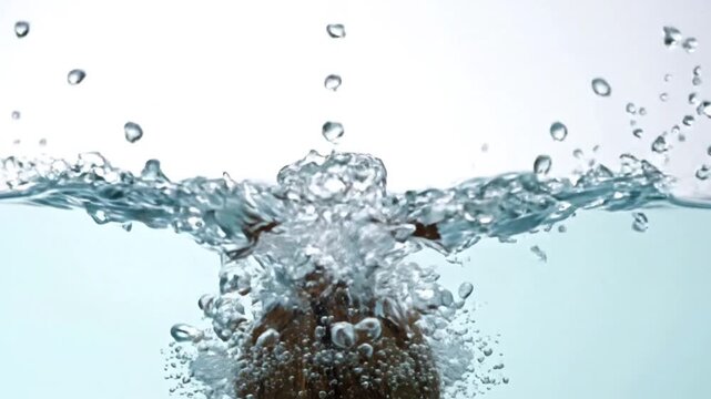 Whole Coconut Splashing into Clear Water