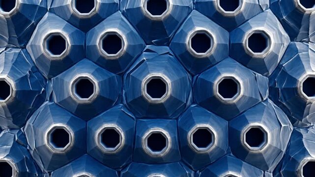 氷に包まれた細胞膜が割断され核膜孔が現れる極低温状態の抽象的CGアニメーション