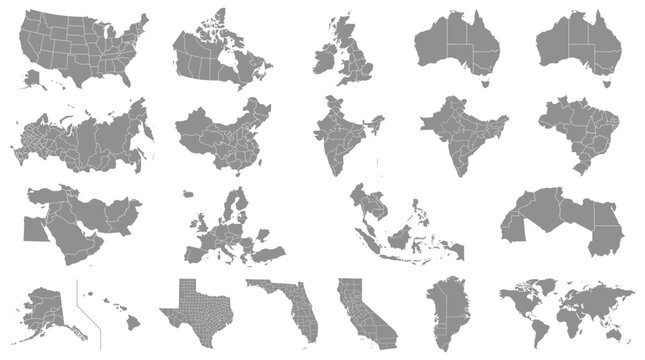 Collection of gray maps with state and country borders