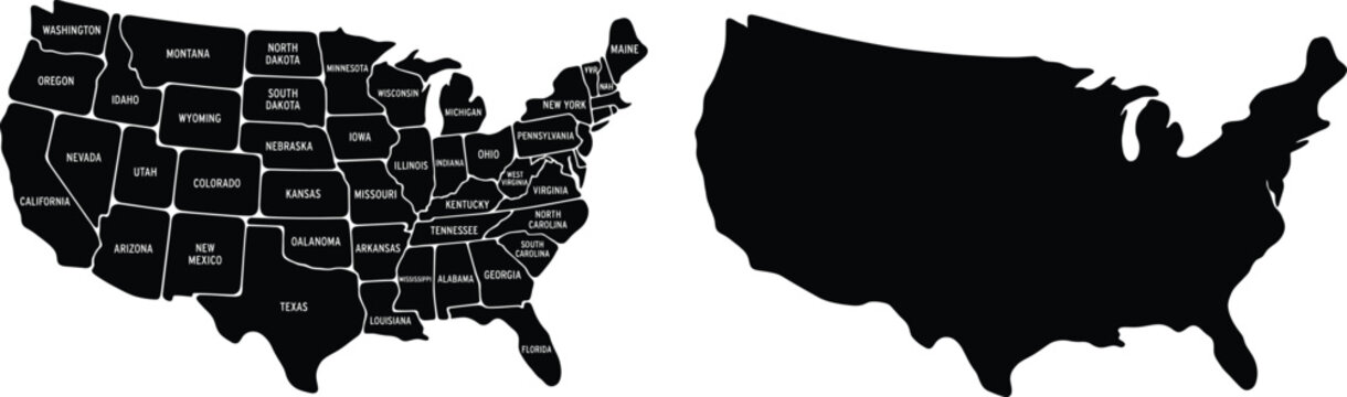 Map of the united states with labeled states and a solid silhouette
