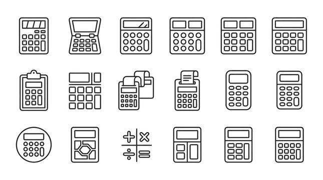 Clean Black and White Line Icons Set of Various Calculators and Math Symbols for Educational or Financial Use