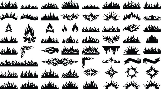 Collection of various black flame icons and silhouettes