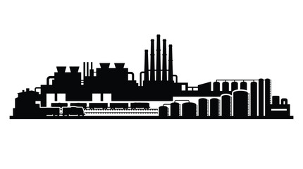 Obraz premium Industrial manufacturing plant factory building silhouette with pipes and smoke stacks