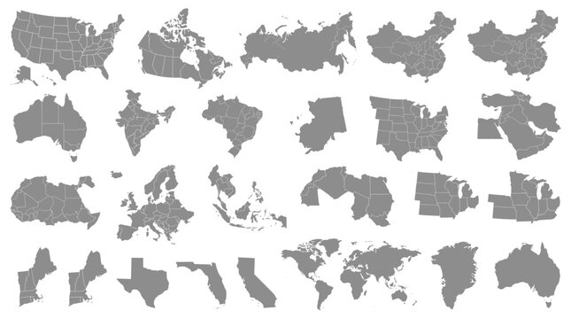 Collection of gray maps with state and country borders