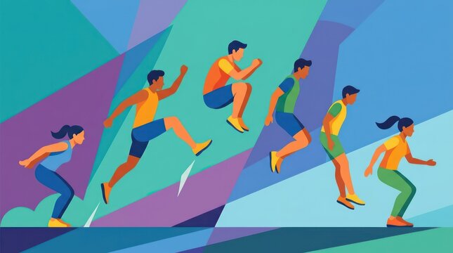 People running up colorful stairs together.