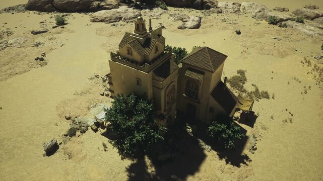 Harsh sun illuminating desert outpost with clustered dwellings, sparse vegetation, makeshift awnings, rough pathways, survival vibe and resilience.