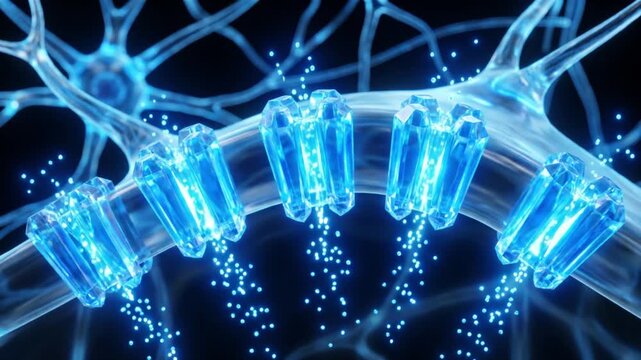 光遺伝学による神経細胞膜の活性化とイオンチャネル開閉を示す抽象的CGアニメーション