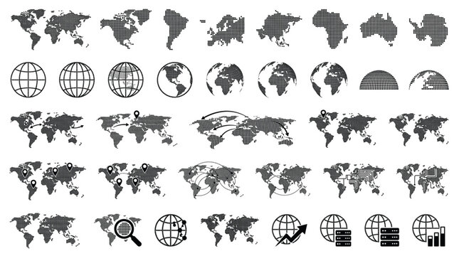 Collection of various world map and globe icons in black and white