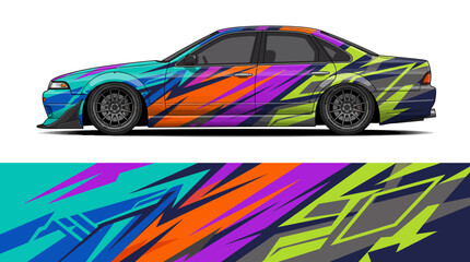 Fototapeta premium Colorful racing car with vibrant geometric wrap design.