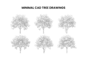 Fototapeta premium Set of minimal cad tree drawings for architectural landscape design, handdrawn style vector illustrations of various deciduous trees isolated on white background