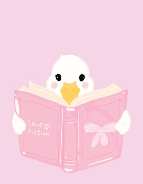 duck bookish Book lover, a cute white duckling reading a pink book titled Love Fiction. The duckling is peeking over the book with big eyes and rosy cheeks postcard design