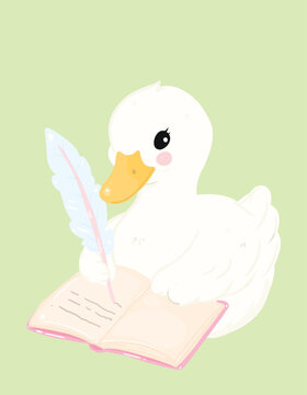 A cute white duckling sits in front of an open book, holding a quill pen, as if writing a story. Its eyes are large and dark, and its beak is a warm yellow. The background is a soft, light green.