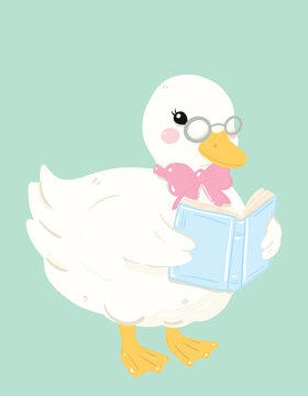 a cute cartoon illustration of a white duck wearing glasses and a pink bow, reading a blue book. The duck has bright eyes and a sweet expression, set against a pastel green background