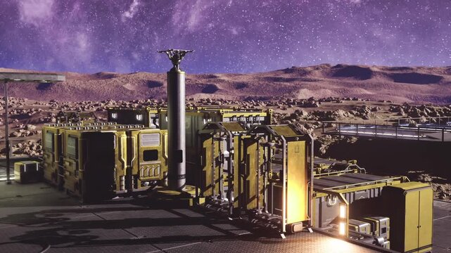 night mining complex with automated excavators and processing modules, ore conveyors and stockpiles on desert plain, industrial lighting and mechanical rhythm,