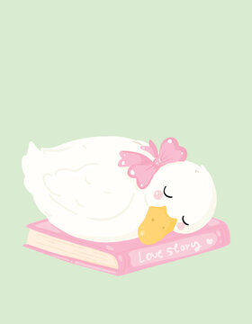 a cute white duck wearing a pink bow is sleeping on a book. The book has Love story written on it and it is pink postcard design have a copy space