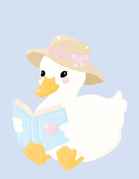 a cute duckling wearing a straw hat and reading a book, with a pink ribbon on the hat and a heart on the book. The duckling is white with orange feet and a yellow beak, and its cheeks are rosy.