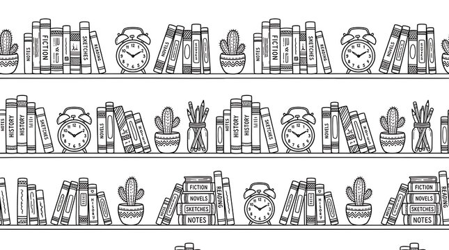 Seamless pattern of hand drawn bookshelves with books, potted cactus plants, and vintage alarm clocks in a black and white doodle style