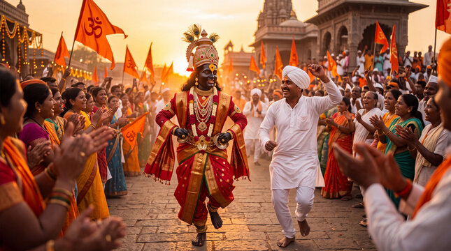 Accompanying the Wari pilgrimage, with unfurling saffron flags and devotional music
