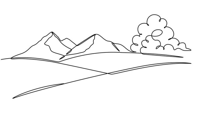 Animated video of a mountain and plantation landscape. A minimalist skyline with mountain peaks in a simple single-line style. Farming, plantation, and rural concepts in doodle style.