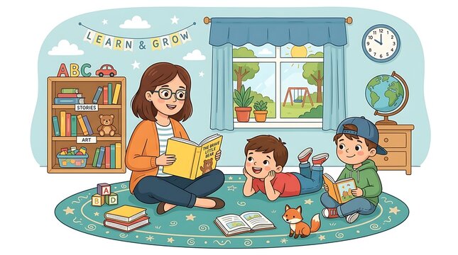 Female teacher reading a storybook to young children in a colorful preschool classroom with educational toys and books