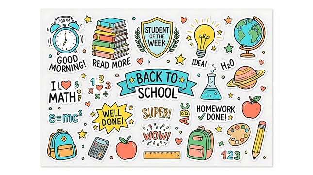 Set of colorful back to school stickers featuring educational icons like books, globe, lightbulb, and motivational text for students