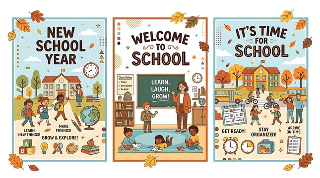 Back to school educational poster set featuring diverse students and teachers in a classroom and schoolyard setting during autumn season