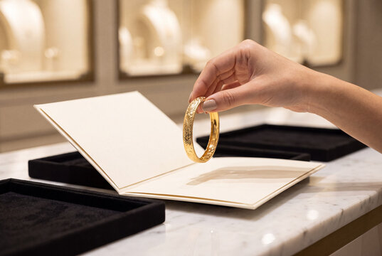 Customer examining a detailed gold bangle over a white presentation folder showcased in an elegant retail jewelry boutique