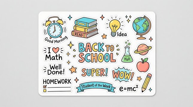 Back to school sticker set featuring colorful hand drawn educational icons like books, globe, alarm clock, and science equipment on a white background