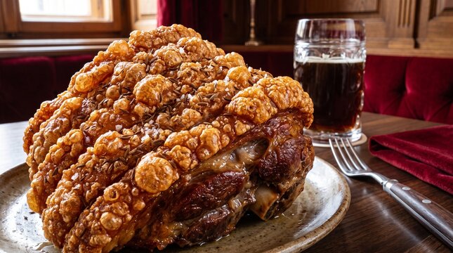 Traditional Bavarian Roasted Pork Knuckle with Crispy Crackling and Caraway Seeds Served with Dark Beer in a Rustic Tavern Setting