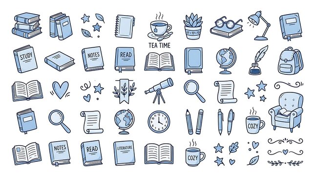Set of blue hand drawn education and reading icons featuring books, stationery, and cozy study elements for academic design projects