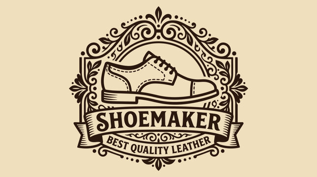 Vintage Shoemaker Logo with Ornate Design and Leather Text.