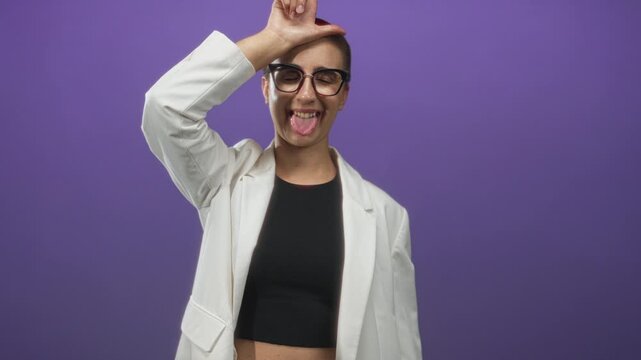 Woman with short hair and glasses wearing white blazer and black crop top makes l sign on forehead and sticks tongue out in studio with purple backdrop; playful mischief.