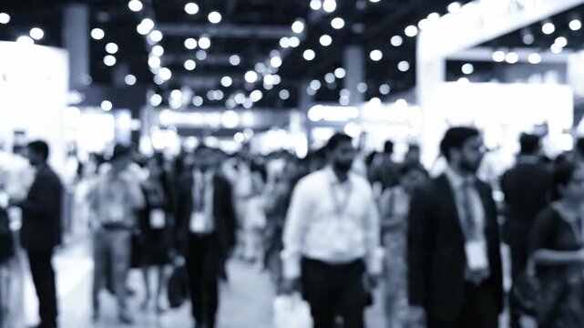 Blurred image of a bustling trade show with many people walking around in a convention center
