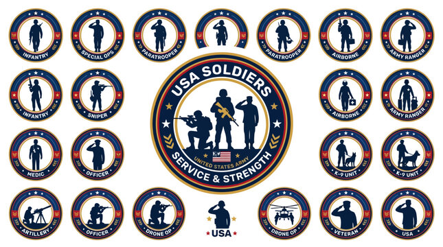 USA soldiers badges set, service and strength insignia