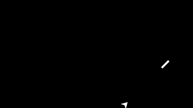 A minimalist animated white line transforms into a diagonal arrow; the arrowhead at the end appears with a staggered animation effect. Clean line style. Bottom-right corner. Black background.