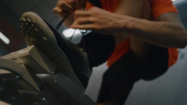 Close Up of Teenage Athlete Hands Carefully Lacing Up Black and White Football Turf Shoes. Boys Foot Rests Firmly on White Changing Room Bench as Tightens Laces and Adjusts Long Black Soccer Socks.