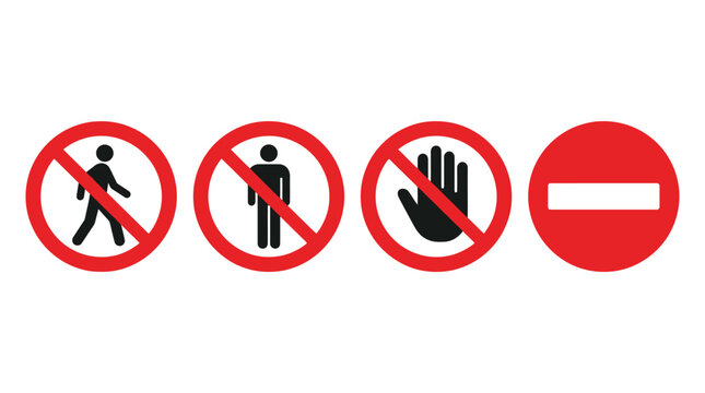 No entry prohibition sign icon set with pedestrian, person, stop hand and restricted access symbol