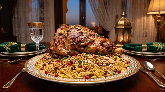 Traditional roasted lamb leg on spiced rice with nuts and pomegranate, served on a luxury dining table for Ramadan and Eid feasts.