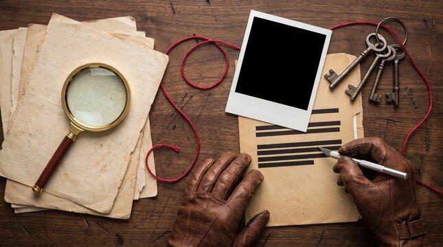 Detective hands in gloves investigating vintage files on wood desk