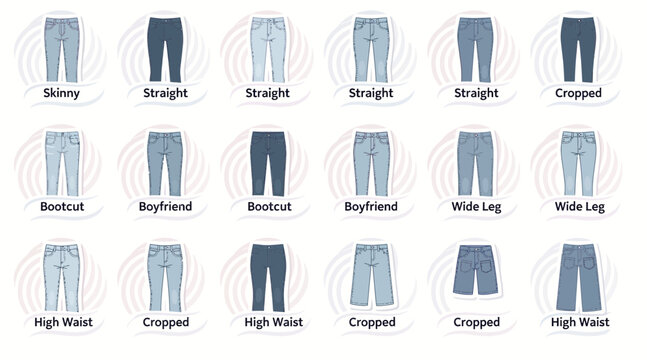 various styles of jeans, denim pants, fashion illustration