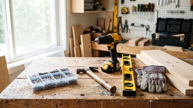 Steel nails neatly organized in a container on a DIY workspace with a hammer, cordless drill, level, gloves, and wooden boards in bright daylight. Home improvement concept.