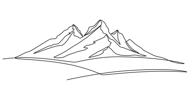 Animated video of a mountain and plantation landscape. A minimalist skyline with mountain peaks in a simple single-line style. Farming, plantation, and rural concepts in doodle style.