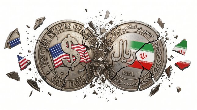 Two metallic coins representing different national currencies colliding and shattering into small fragments against a clean white background conceptual design