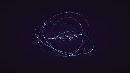 Rotating luminous glowing orbit rings and orbital paths representing solar systems or atomic structure in deep space © MDABDUS