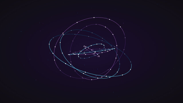 Rotating luminous glowing orbit rings and orbital paths representing solar systems or atomic structure in deep space