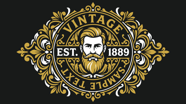 Vintage ornate badge with bearded man and decorative frame.